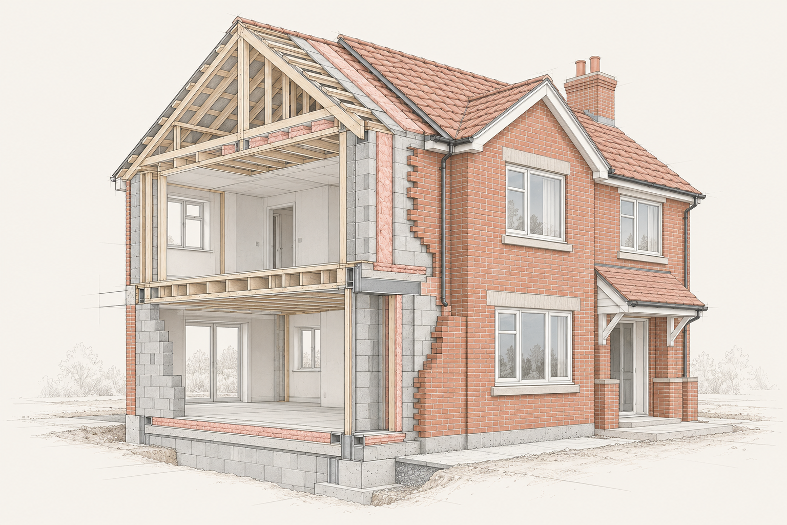 Architectural illustration of a residential brick-and-block house